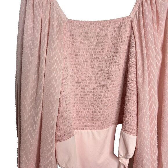 Showpo Womens Bodysuit Blouse Top Pink 16 Balloon Sleeve Ruched Swiss Dot - Picture 6 of 12